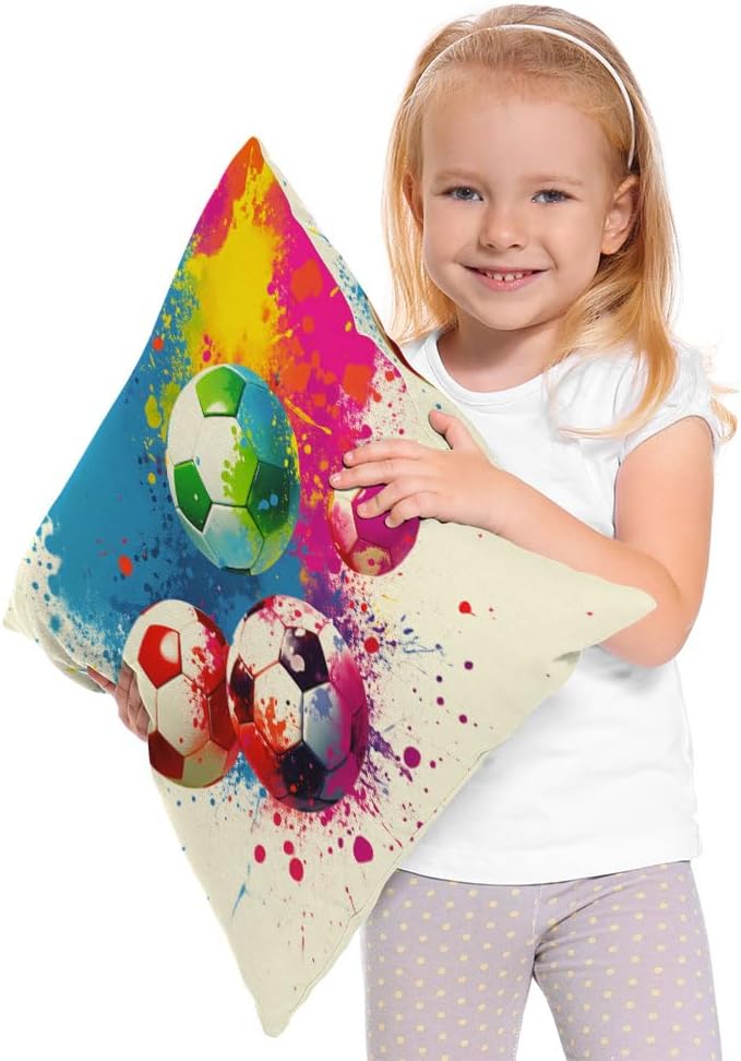 Moslion Football Pillows Decorative Throw Pillow Cover Sports Passion Rainbow Color Soccer Balls Doodle Polka Dot Pillow Case 18x18 Inch Cotton Linen Square Cushion Cover Christmas Sofa Bed - Image 2